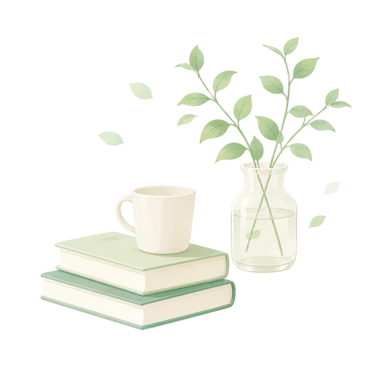 书本、茶杯和绿植组成的清新自然插画